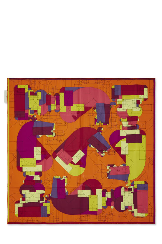 Orange & Multicolor 'Echec au Roi' Silk Scarf 90, , large image number 0