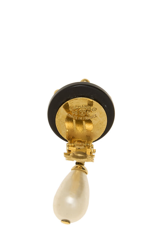 Black & Gold 'CC' Faux Pearl Dangle Earrings Small, , large image number 2