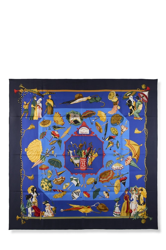 Navy & Multicolor 'Ombrelles et Parapluies' Silk Scarf 90, , large image number 0