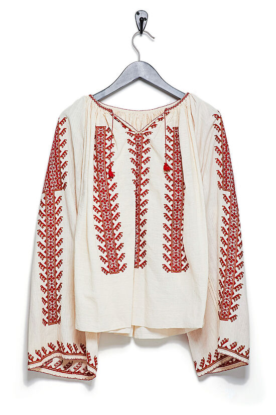 Red & Cream Linen Embroidered Top, , large image number 0