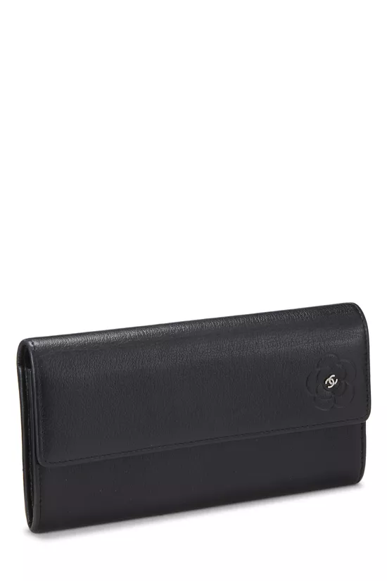 Black Embossed Camellia Calfskin Leather Wallet, , large image number 1