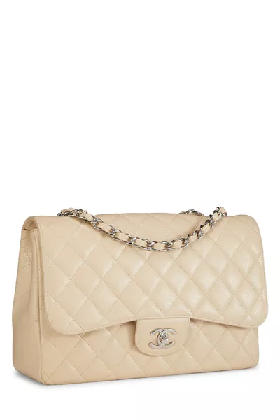 Beige Quilted Caviar Classic Flap Jumbo, , large