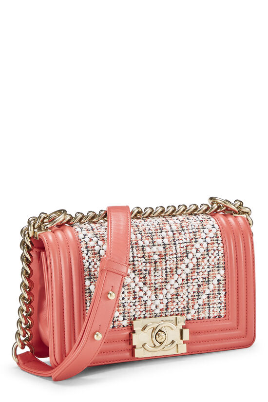 Chanel Pink & Multicolor Tweed Chevron Pearl Boy Bag Small