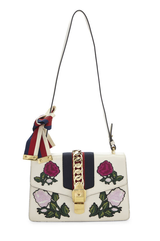 White Leather Embroidered Sylvie Shoulder Bag Small, , large image number 0