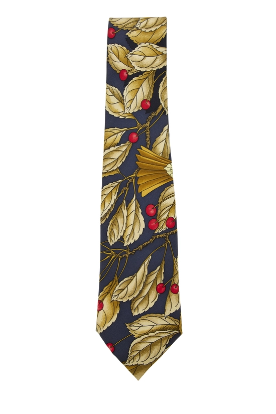Navy Holly Print Silk Tie, , large image number 0