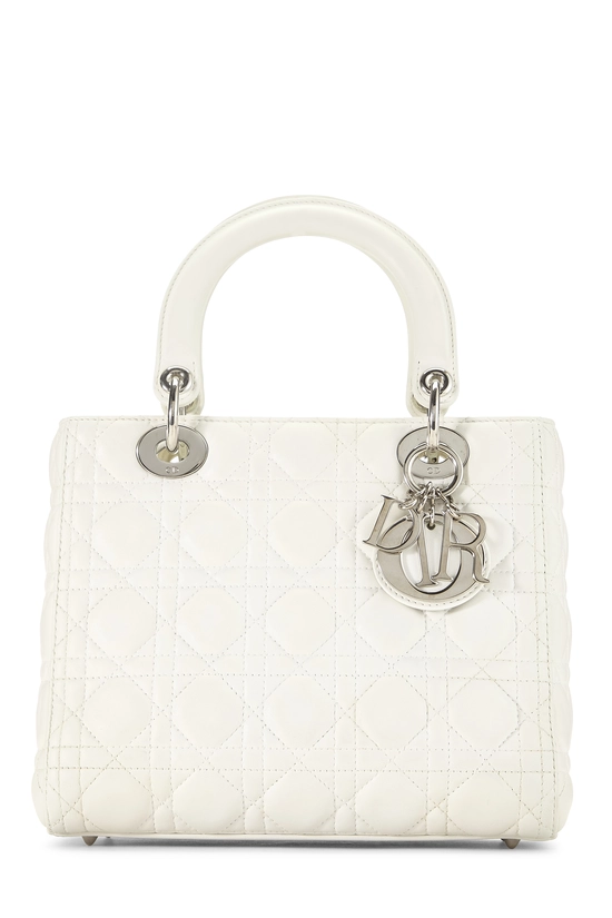 Pre-Owned White Cannage Quilted Lambskin Lady Dior Medium