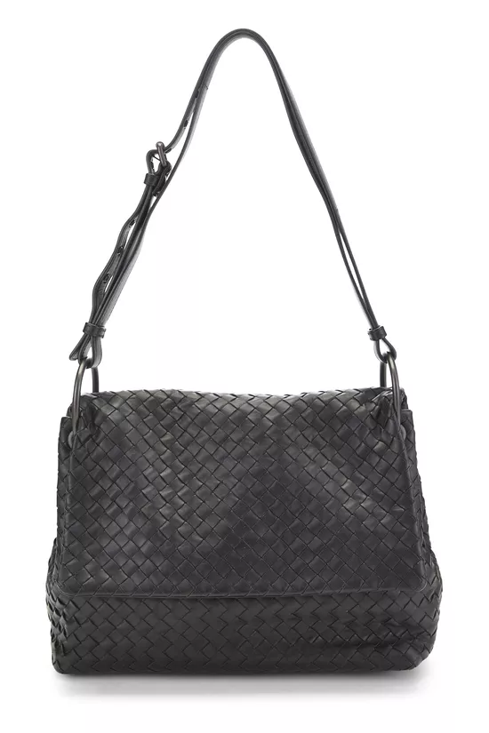 Black Intrecciato Leather Flap Shoulder Bag, , large image number 0