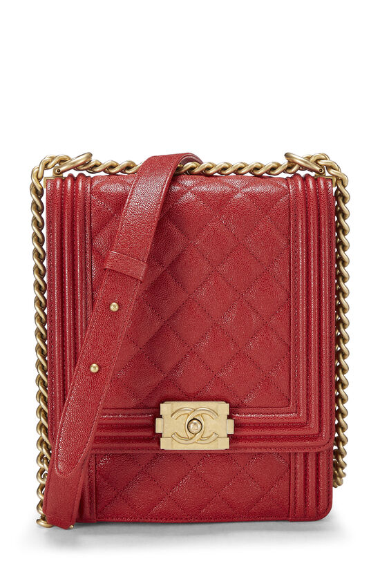 Authentic Chanel Red North South Boy Calfskin Leather Shoulder Bag