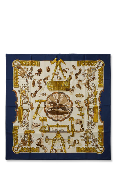 Navy & Multicolor 'Copeaux' Silk Scarf 90