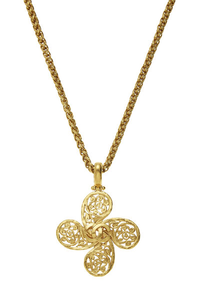 Gold Fretwork Paisley Necklace, , large