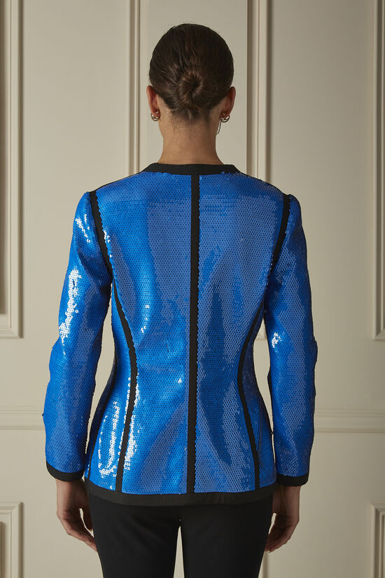 Blue Sequined Collarless Zip Blazer, , large image number 1