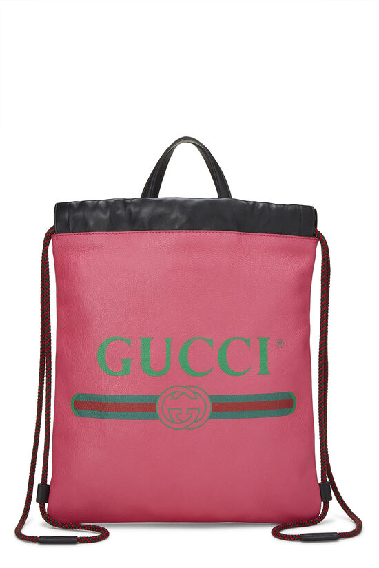 Pink Leather Logo Print Drawstring Backpack
