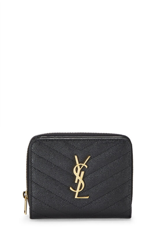 Black Chevron Grained Leather Compact Zip Wallet, , large image number 0