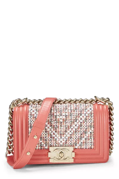 Pink & Multicolor Tweed Chevron Pearl Boy Bag Small