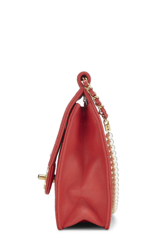 Red Quilted Lambskin Faux Pearl Chain Flap Bag, , large image number 2