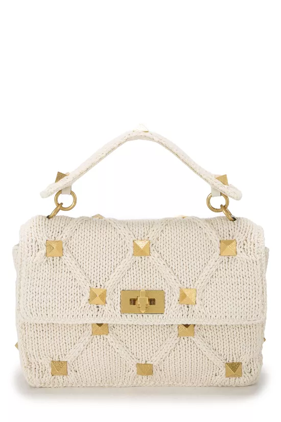 Cream Knit Roman Stud Top Handle Bag Medium, , large image number 0