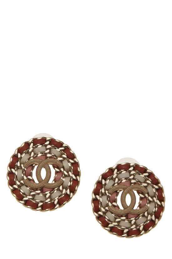 Gold & Pink Leather Chain 'CC' Earrings, , large image number 0