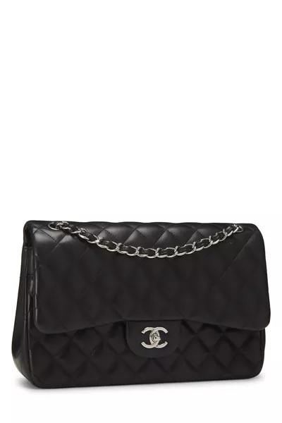 Black Quilted Lambskin New Classic Double Flap Jumbo, , large