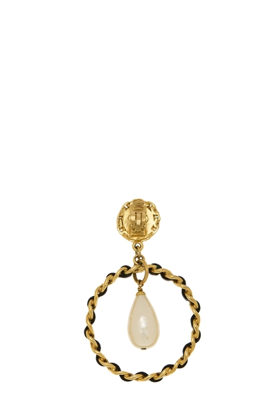 Gold Faux Pearl Hoop 'CC' Dangle Earrings, , large