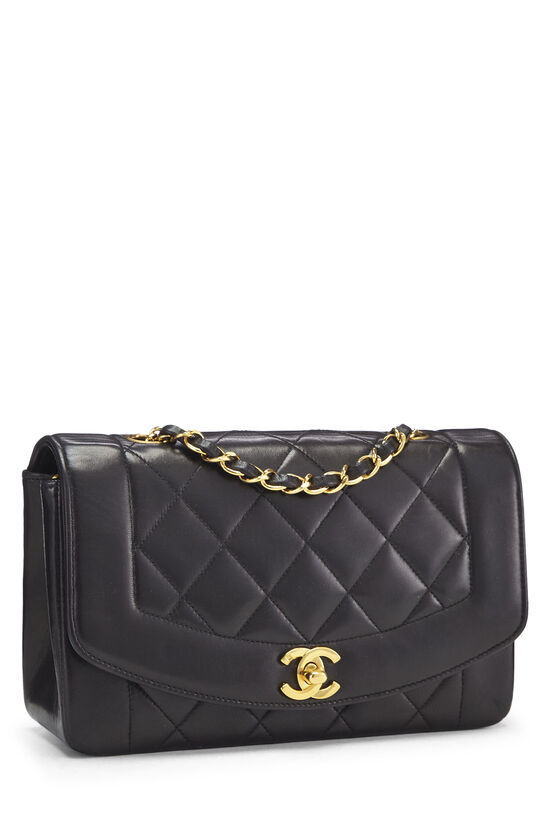 Black Quilted Lambskin Small Diana Flap Bag Gold Hardware, 1991-1994