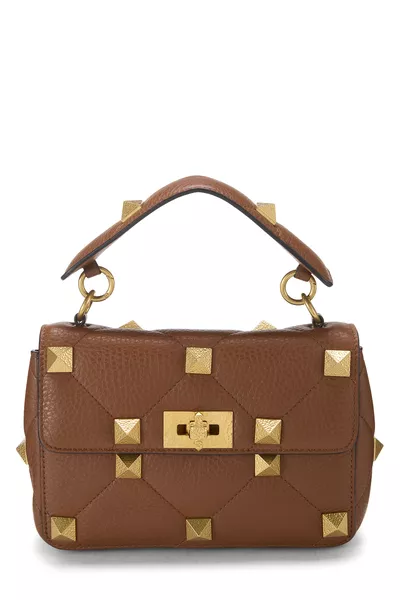 Brown Leather Roman Stud Top Handle Bag Small