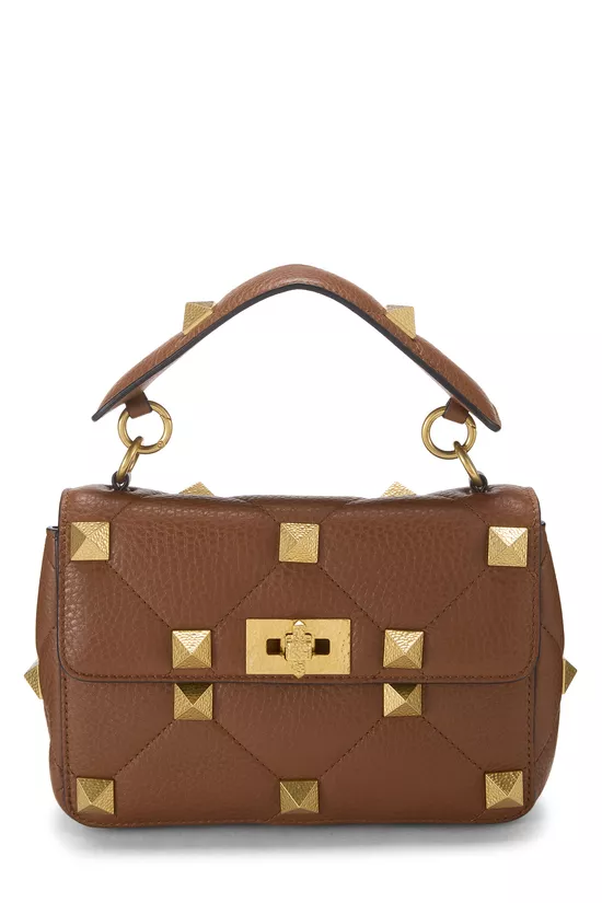 Brown Leather Roman Stud Top Handle Bag Small, , large image number 0
