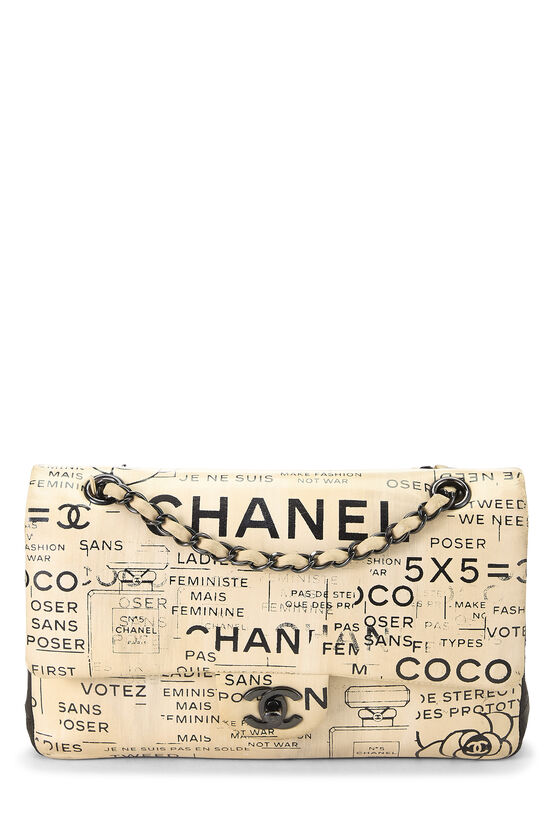 Beige Calfskin Graffiti Newspaper Classic Double Flap Medium, , large image number 0