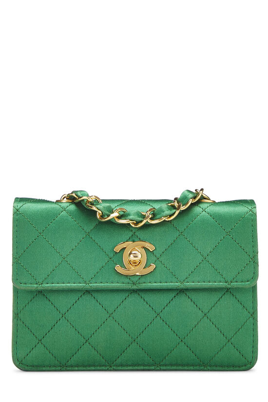 Emerald Green Quilted Satin Half Single Flap Bag Micro, , large image number 0