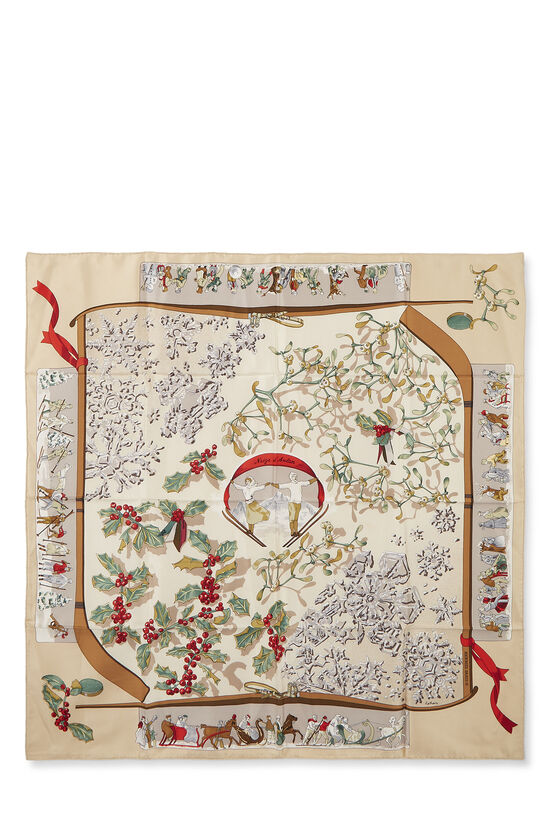 Beige & Multicolor 'Neige d'Antan' Silk Scarf 90, , large image number 0