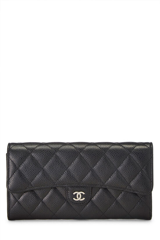 Black Quilted Caviar Flap Wallet, , large image number 1