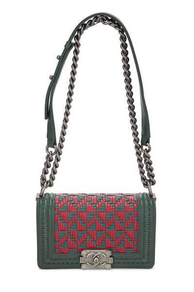 Green & Red Woven Lambskin Boy Bag Small, , large
