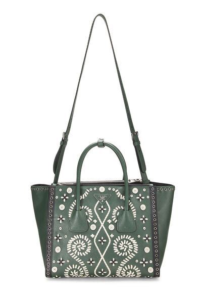 Green Saffiano Embroidered Twin Pocket Tote Medium, , large