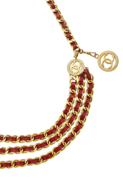 Gold & Red Leather Chain Belt 3, , large