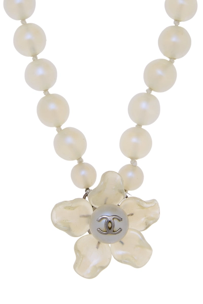 White Iridescent Faux Pearl Camellia Necklace, , large