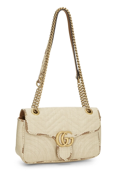 Beige Raffia GG Marmont Shoulder Bag Small, , large