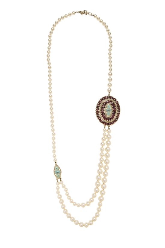 Gold Faux Pearl Gripoix Necklace, , large image number 0
