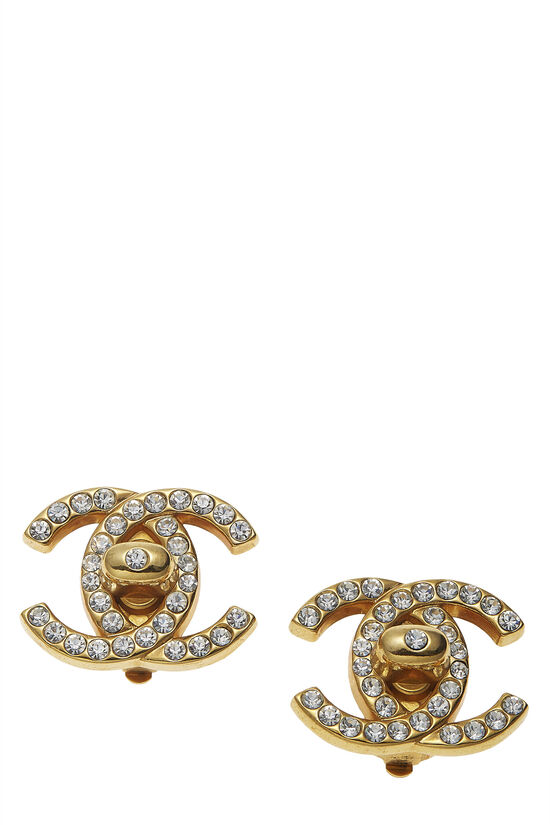Gold & Crystal 'CC' Turnlock Earrings Large, , large image number 0