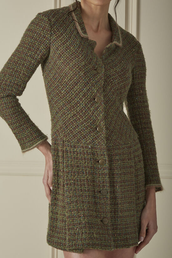 Green & Brown Woven Tweed Mini Dress