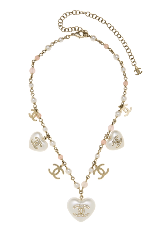 Pink Gold 'CC' Faux Pearl Heart Necklace, , large image number 0