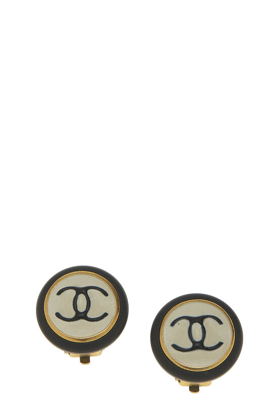 White & Black Enamel 'CC' Button Earrings, , large image number 1