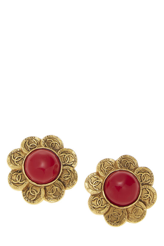 Gold & Red Acrylic Flower Earrings, , large image number 1