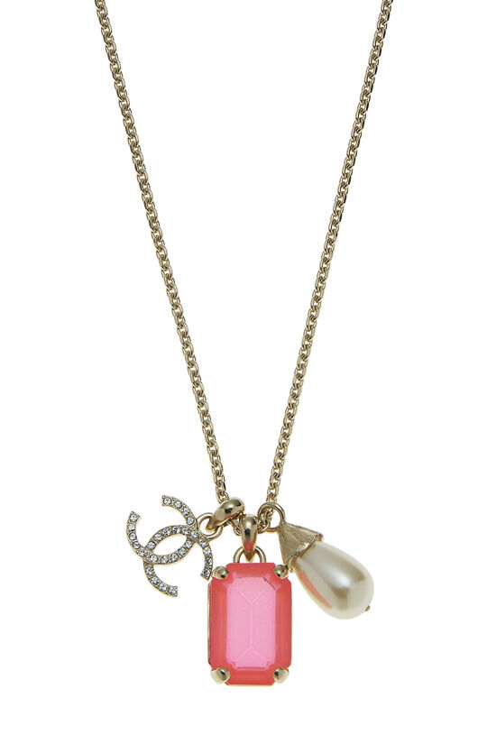 Gold & Pink Crystal Dangling Charm Necklace, , large image number 2