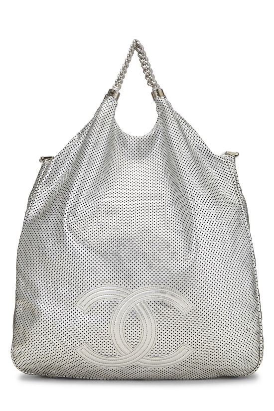 Chanel Rodeo Drive Fab Silver Perforated Leather Hobo Bag