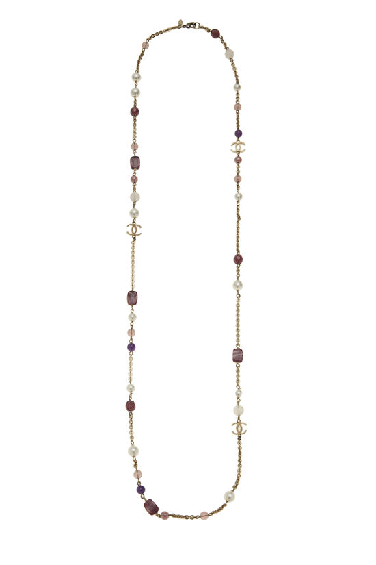 Purple & Faux Pearl 'CC' Necklace, , large image number 0