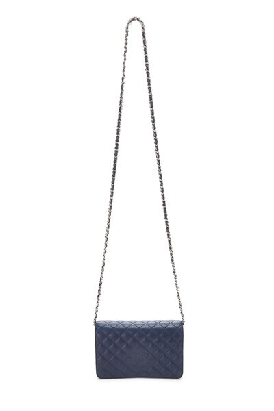 Navy Quilted Lambskin CC Diamond Wallet on Chain (WOC), , large
