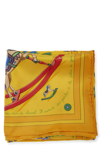 Yellow & Multicolor 'Raconte-Moi le Cheval' Silk Scarf 90, , large