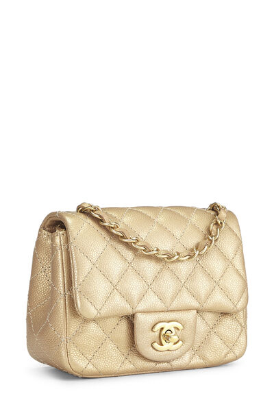 Metallic Gold Quilted Caviar Classic Square Flap Mini, , large