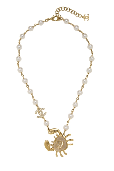 Gold 'CC' Faxu Pearl Crab Necklace