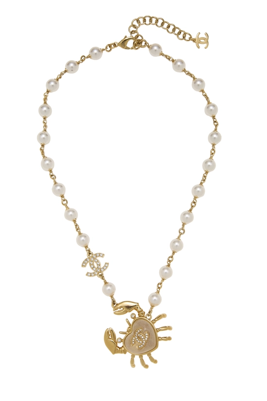 Gold 'CC' Faxu Pearl Crab Necklace, , large image number 0
