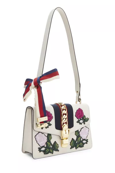 White Floral Embroidered Leather Sylvie Shoulder Bag Small, , large